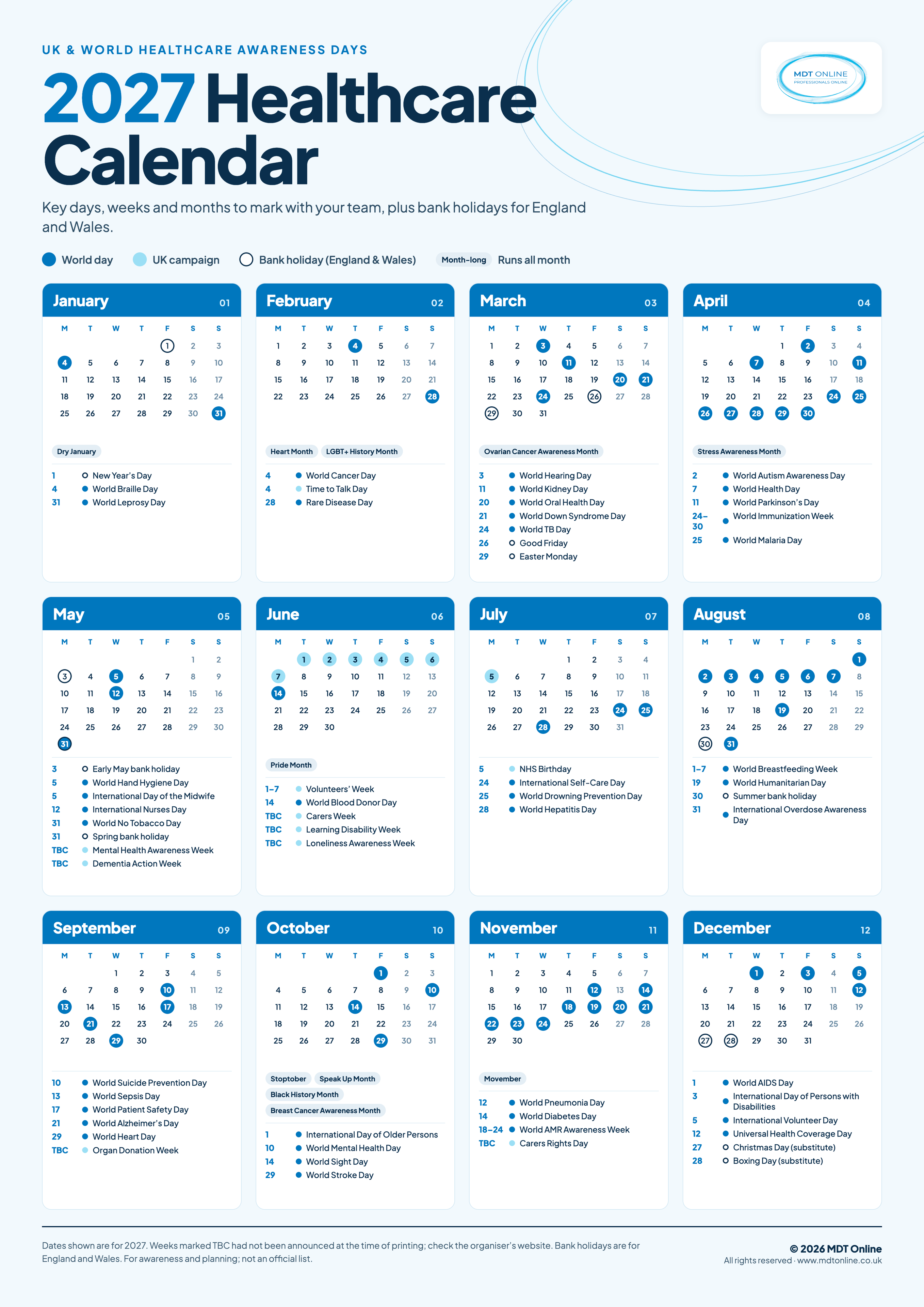 2027 Healthcare Awareness Calendar showing UK and world health observance days and bank holidays