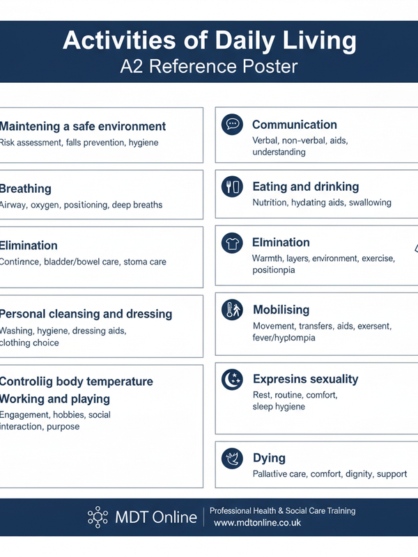 Activities of Daily Living A2 poster covering the 12 ADLs for care planning and assessment